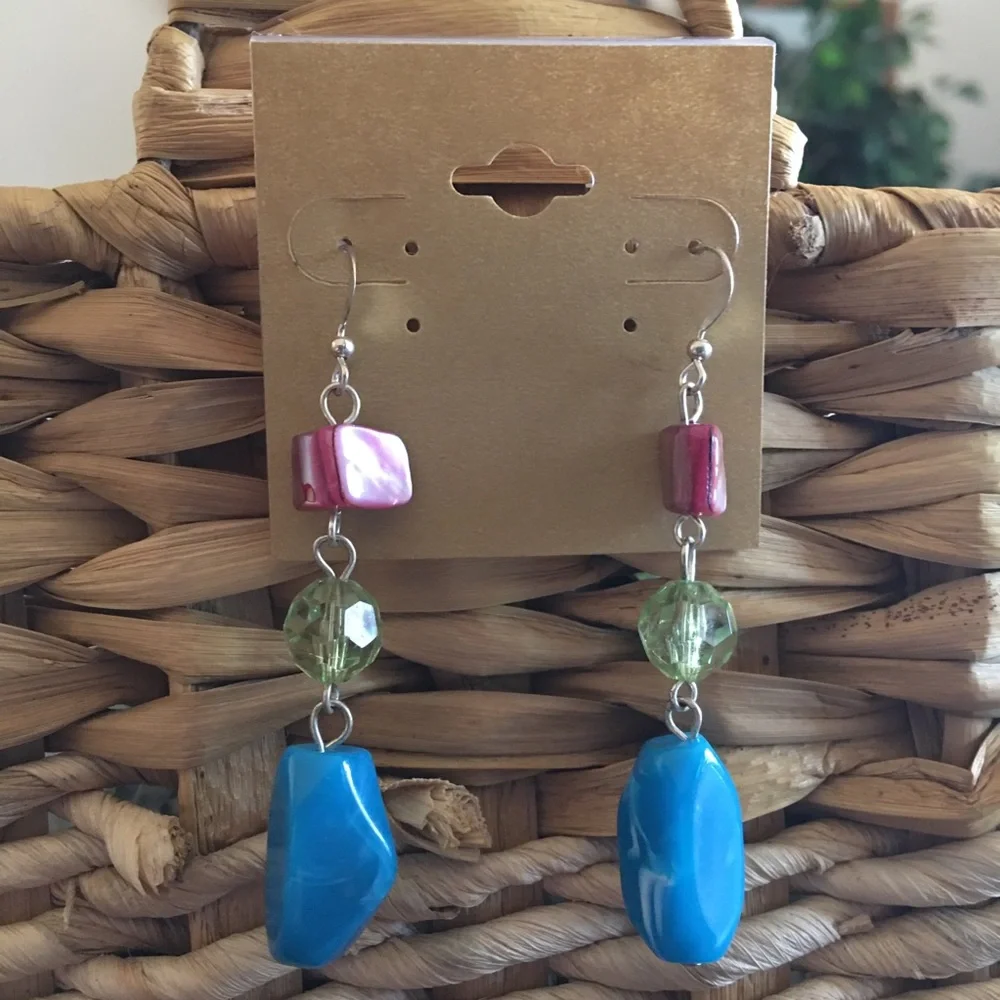 Boho style multi tone/material drop earrings